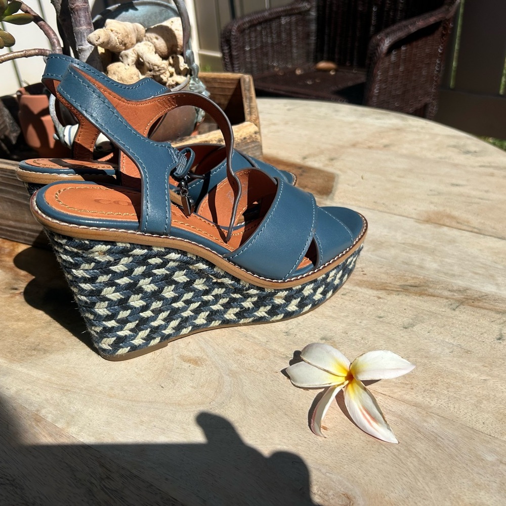 Stylish Blue Wedge Sandals Coach Cross Band Sz 37.5  or 7